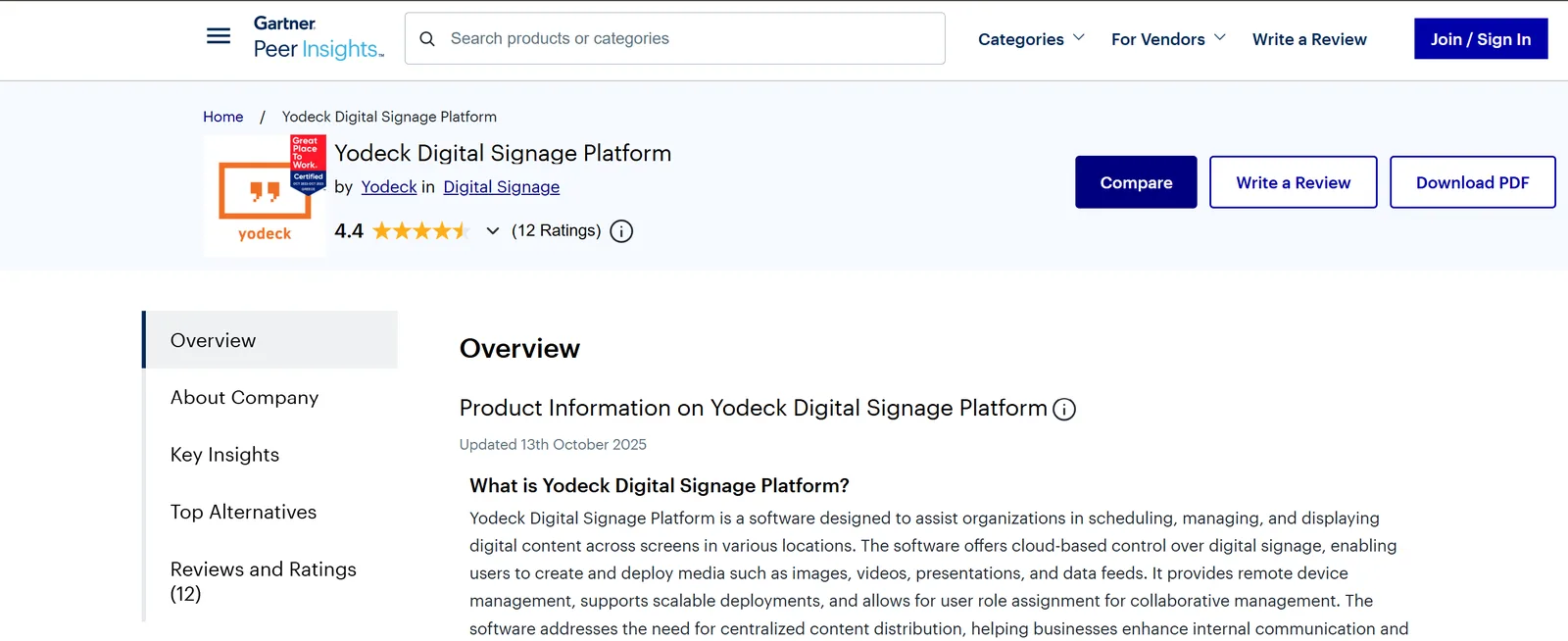 Yodeck Digital Signage Platform mit 4,4-Sterne-Bewertung auf Gartner Peer Insights