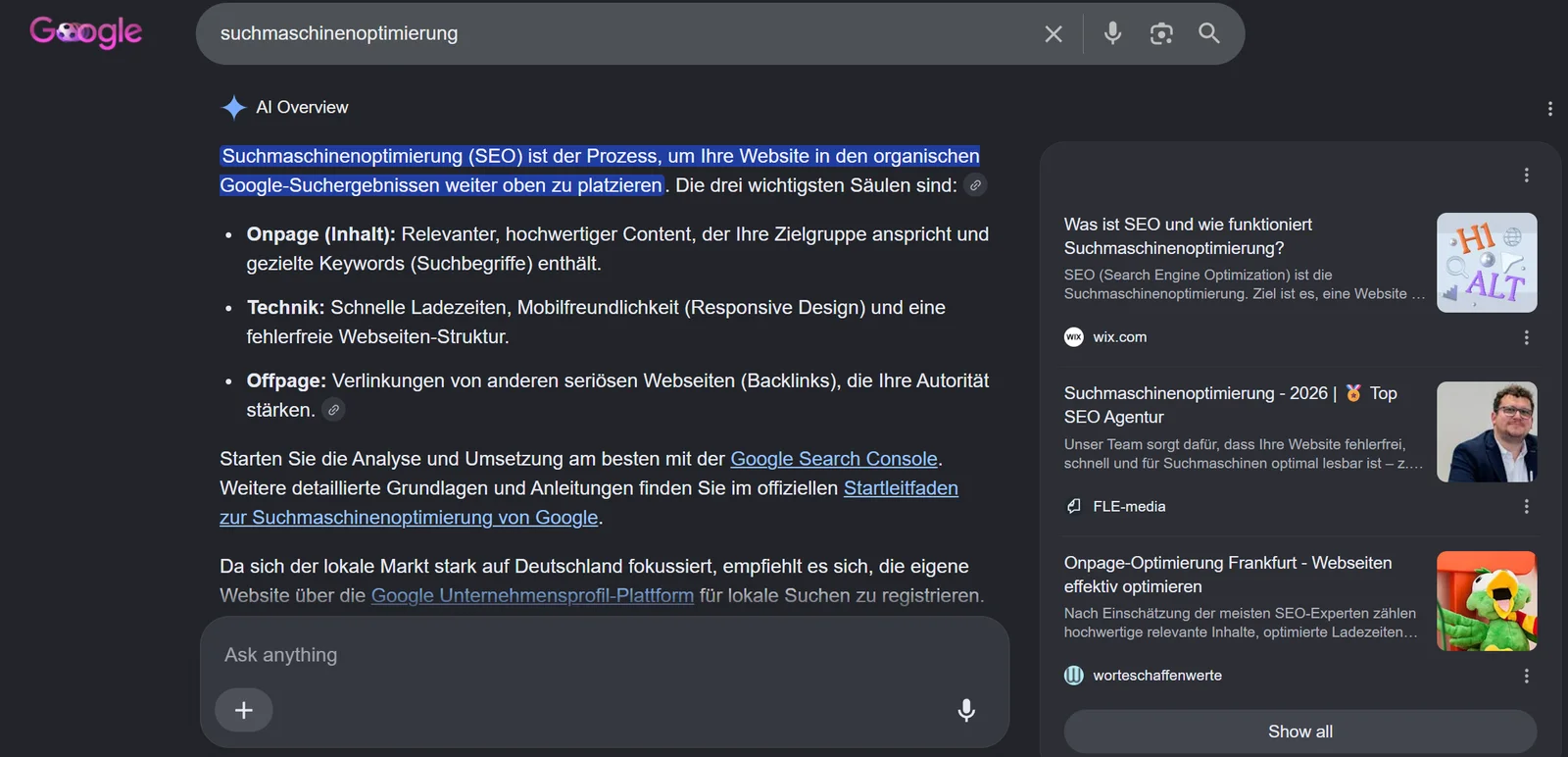 Google AI Overview zur Suchanfrage Suchmaschinenoptimierung am 10.07.2026 — die zitierten Quellen stammen überwiegend nicht aus den Top-10