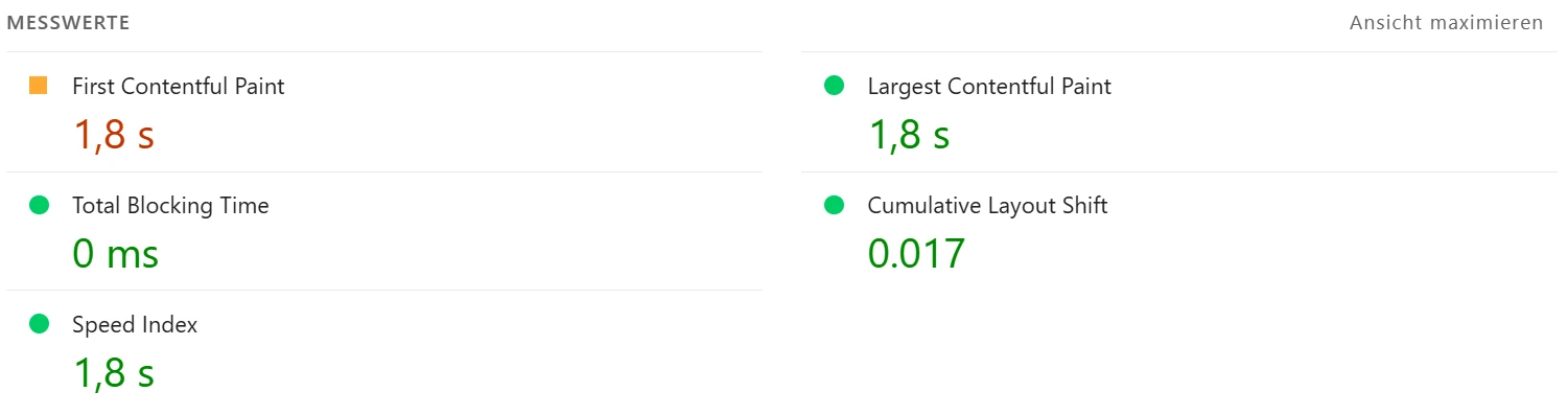 Lighthouse-Messwerte: First Contentful Paint 1,8 s, Largest Contentful Paint 1,8 s, Total Blocking Time 0 ms, Cumulative Layout Shift 0,017, Speed Index 1,8 s