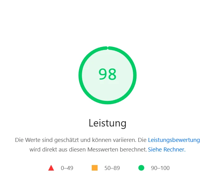 Lighthouse-Leistungsbewertung mit einem Wert von 98 von 100 im grünen Bereich